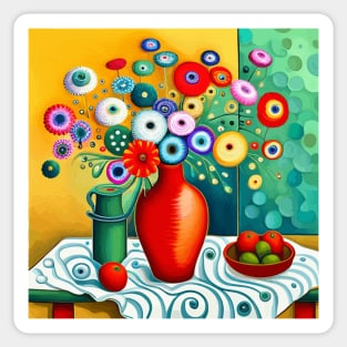 Cute Abstract Flowers in a Red Vase Still Life Painting Sticker